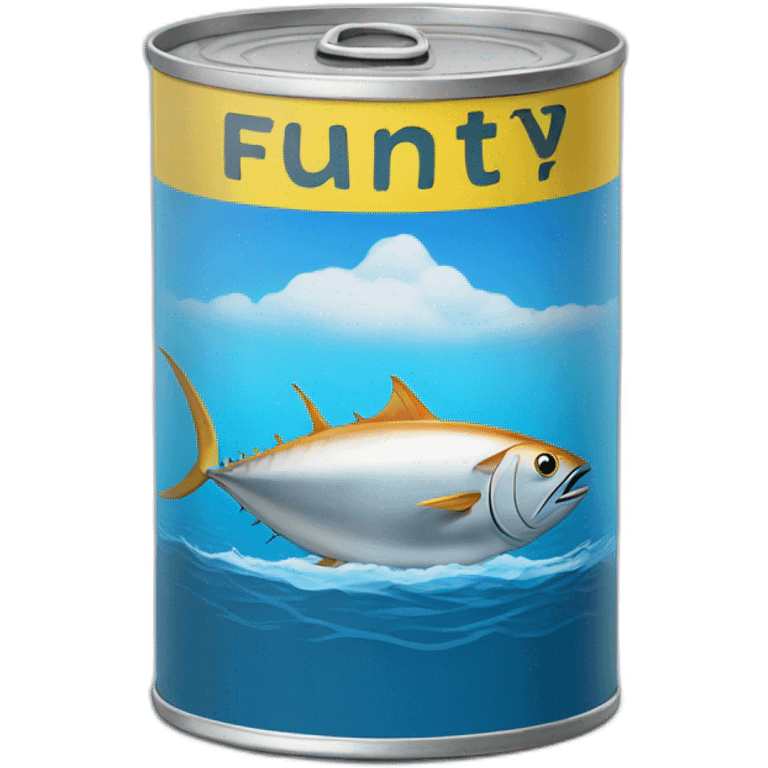 Realistic small can of tuna showing a blue sailling boat on a sea background emoji