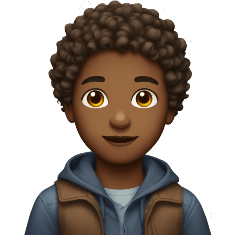 Kid with brown skin, short curly hair, and brown eyes emoji