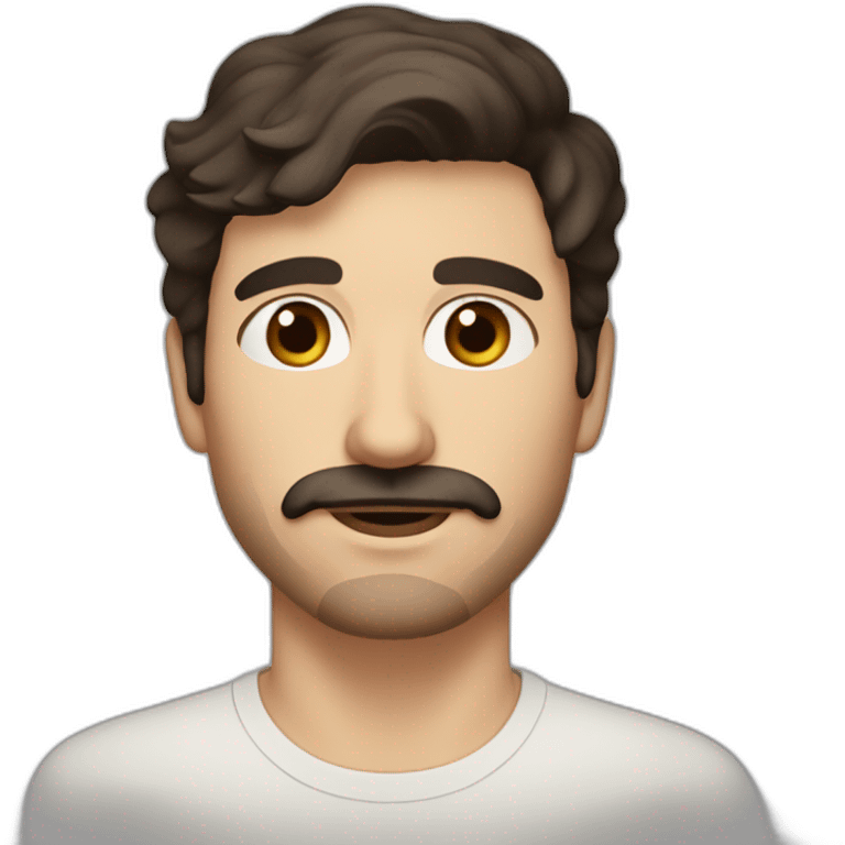 A young Caucasian man with dark brown eyes, almond-shaped eyes, short dark brown hair, and a small dark brown beard with a more prominent mustache. emoji