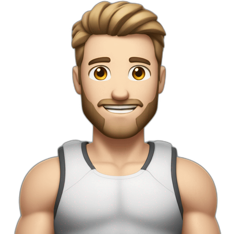 Full height Actively gesturing with hands Pale skinned Fit Man With the biceps and brown hair in dark gray Sleeveless Mike, black oversize sports shorts, watch and white Sneakers emoji