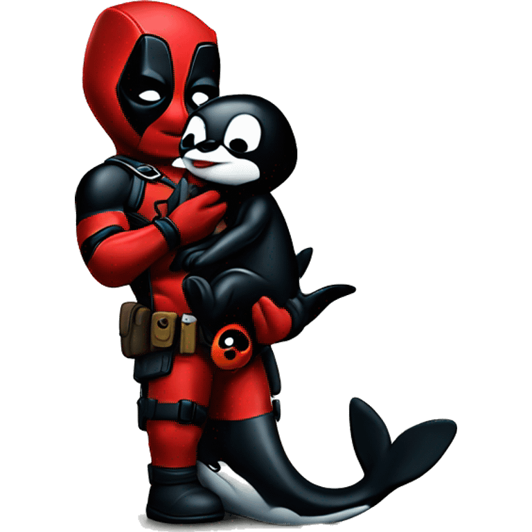 Deadpool holding a baby orca emoji