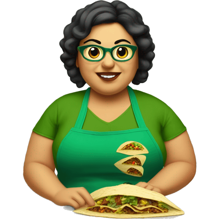 mexican chubby lady green apron  with glasses cooking tacos emoji