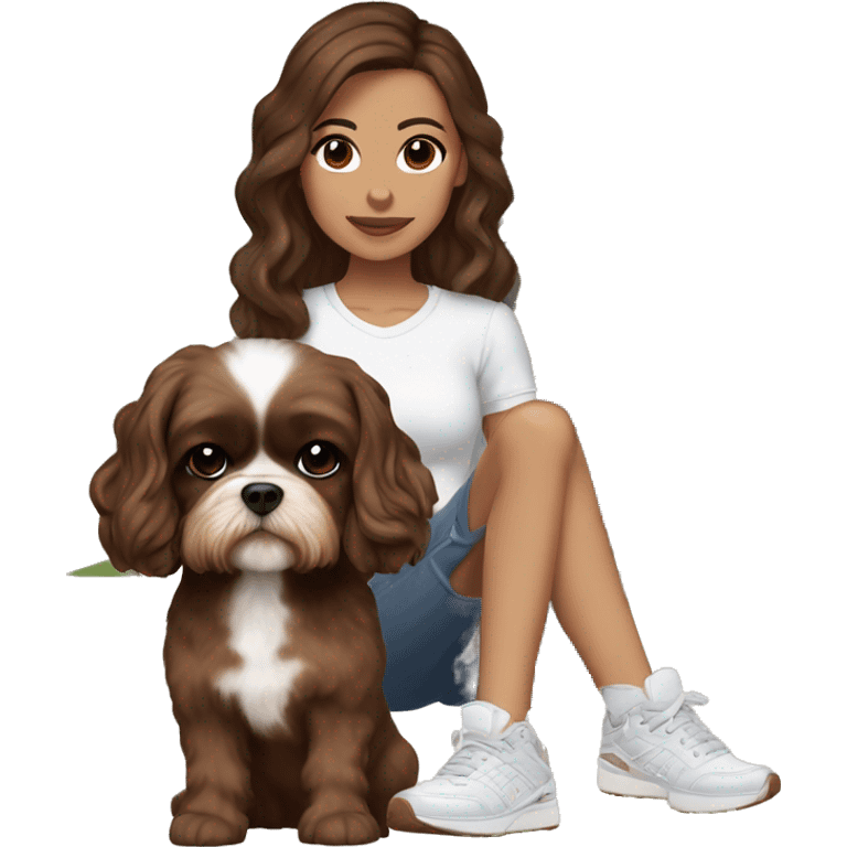 young woman with light bron skin, big brown eyes, tiny nose, long chocolate wavy hair. With a pair of sneakers on the background, add a house to the background, a shihtzu and a cihuahuadog emoji