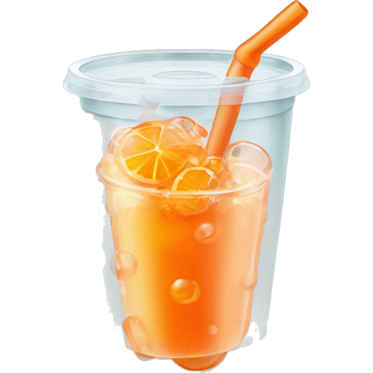 Realistic clear plastic cup with flat green see through plastic lid half filled with Transluscent orange soda inside of the cup with carbonation bubbles and carrot shaped ice cubes.  emoji