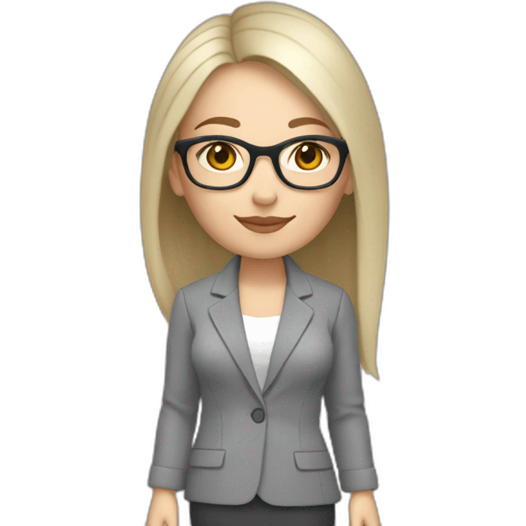 full height pale skin woman with cold blonde straight hair, care haircut, White blouse, Gray oversize jacket, Gray skirt and glasses glasses in a thin rim holding a color palette in the hands emoji