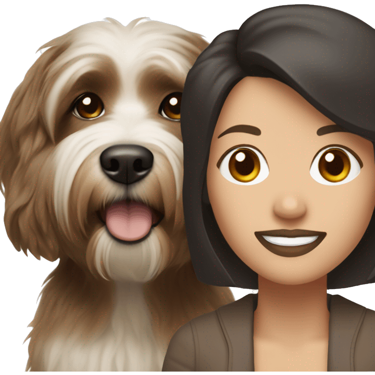 tan skinned middle aged woman with brown hair, with black and white havanese dog emoji