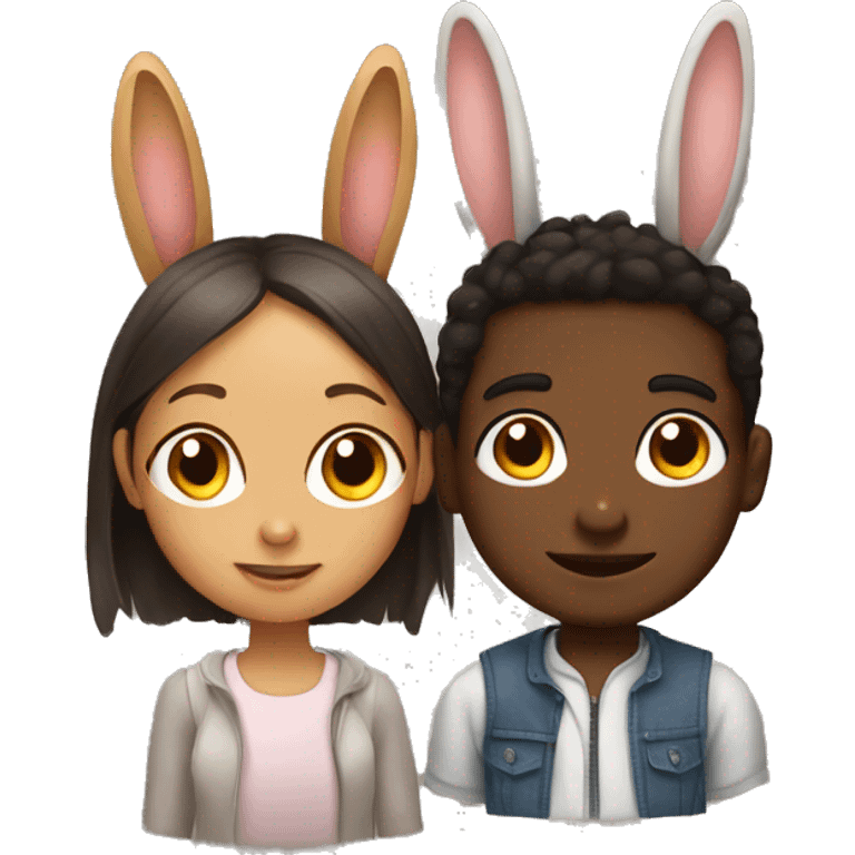 girl and brown skin boy with rabbit ears emoji