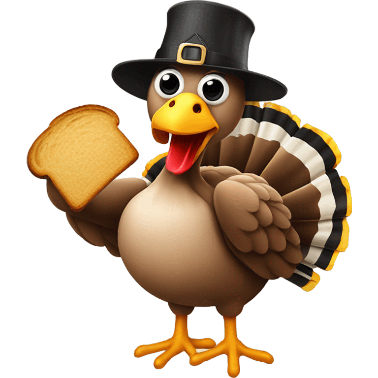 Turkey wearing hat, holding slice of black toasted bread with pan of oysters, fire emoji