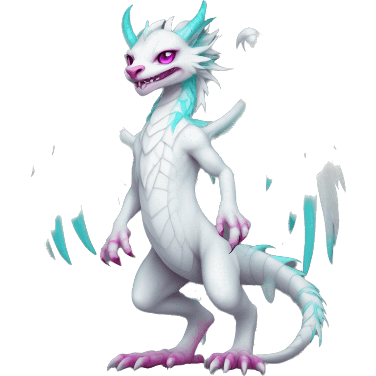 White elegant beautiful natural cute badass epic anthro modern albino Dutch Angel Dragon-vernid-Fakémon with cyan mane and magenta eyes with cyan edgy stripes, anthropomorphic, two-legged, digitigrade, full body emoji