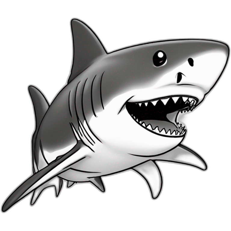 shark standing, a (camouflage cap) on its head,black and white,cartoon,sketched,sketch emoji