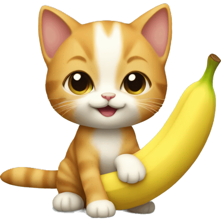 A small very cute kitten with ginger fur holding a huge banana. emoji