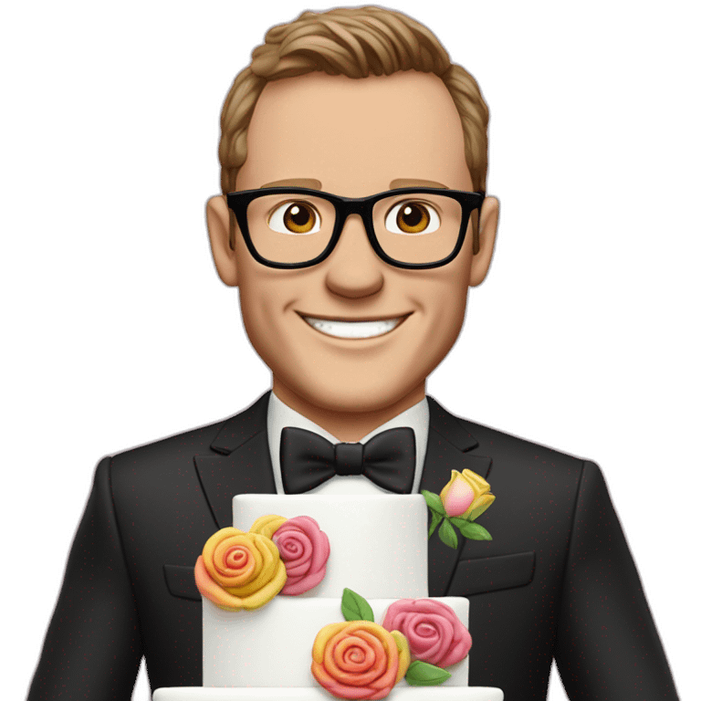 Jonathan Toews wearing glasses as a triple decker rainbow wedding cake with pastel roses emoji