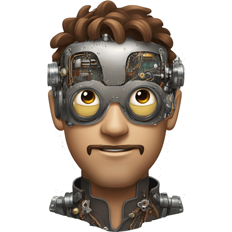 male cyborg head with brown shirt hair, brown beard, silver steampunk goggles and circuits emoji