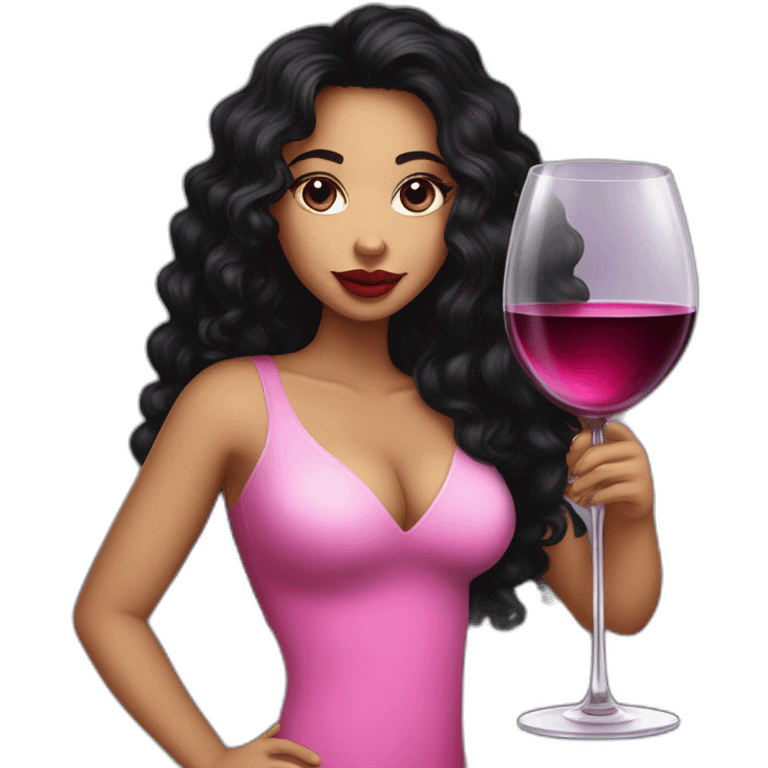 White latin girl with pink big lips, long curly black hair and glass of wine emoji