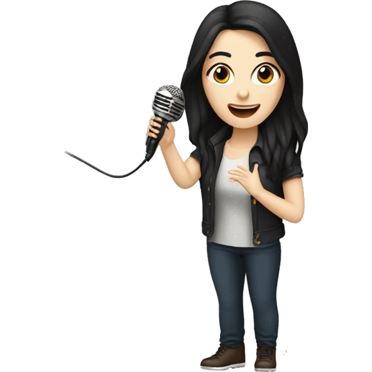 a woman with long black-brown hair, hazel eyes, pale skin, singing into a microphone emoji