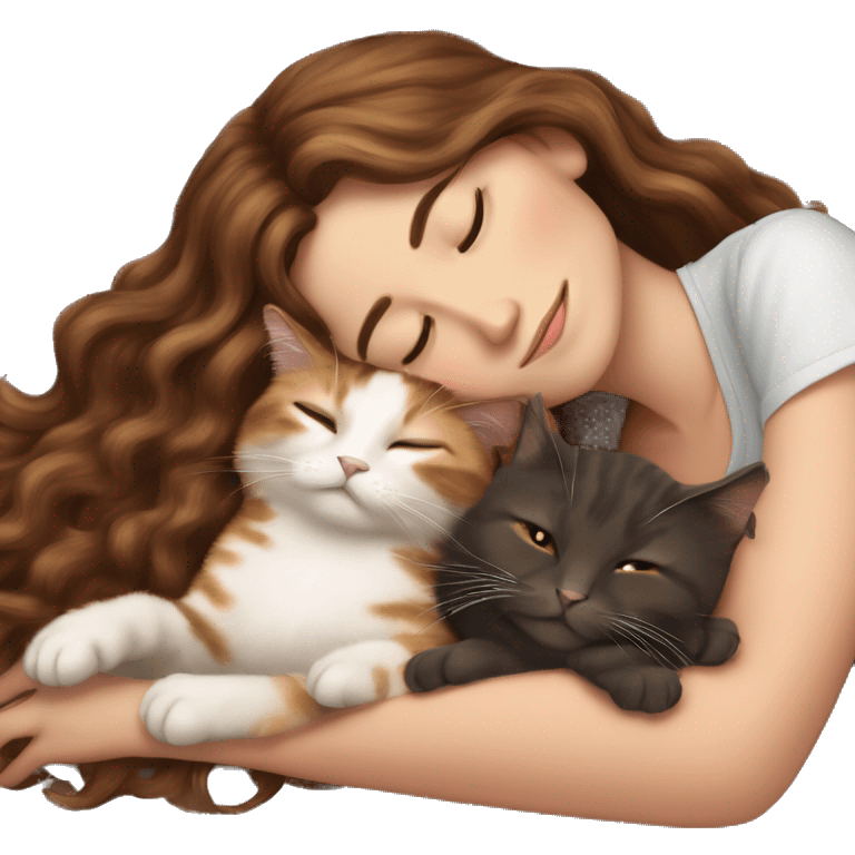 White Girl with long brown wavy hair napping with a tortoiseshell cat emoji