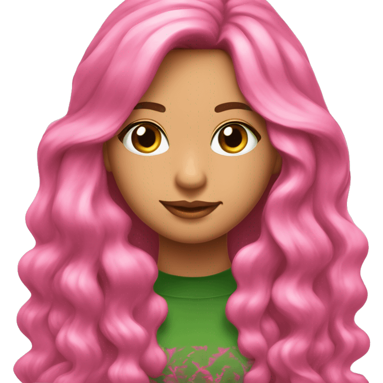  Su cabello es largo, rosa brillante en la raíz y verde en las puntas, con un estilo suave y voluminoso. Tiene ojos grandes y verdes, y un rostro delicado que refleja su ternura y simpatía emoji