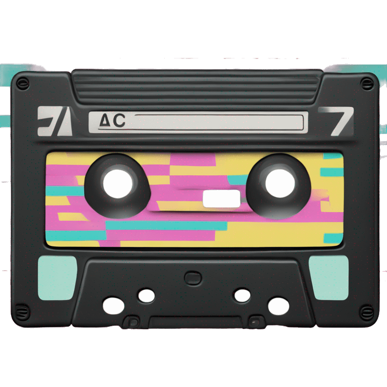 A VHS cassette in black with a retro label featuring pink, teal, and yellow diagonal stripes. Add a handwritten "Home Movies" label and a glowing grid background.   emoji