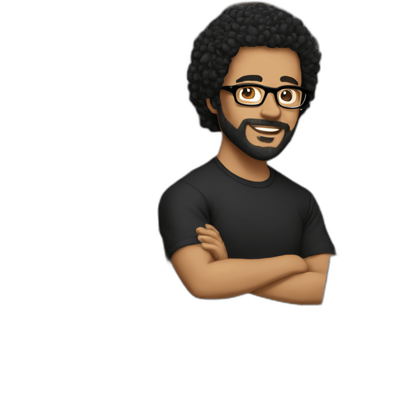 men with black curly hair and beard and golden glasses in black t-shirt work on computer emoji