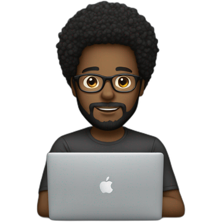 cute black man with beard, afro, glasses, using macbook emoji