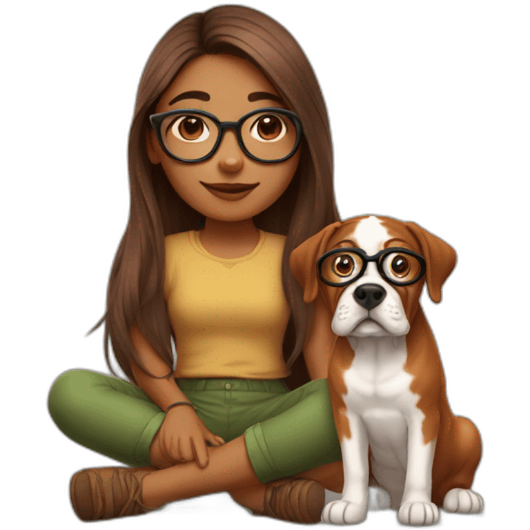 indian girl with long hair in specs with french mastiff on her lap emoji