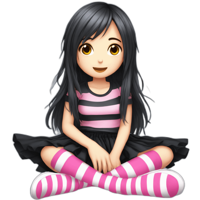 full body Front view emo girl sits on the floor black skirt pink knickers long striped socks emoji