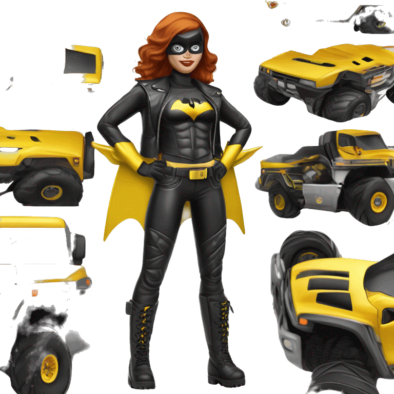 Light skinned Batgirl in shiny leather, Hummer EV radio controlled monster truck  emoji