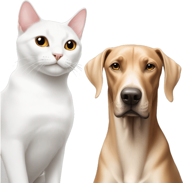 White cat sitting with Doberman emoji