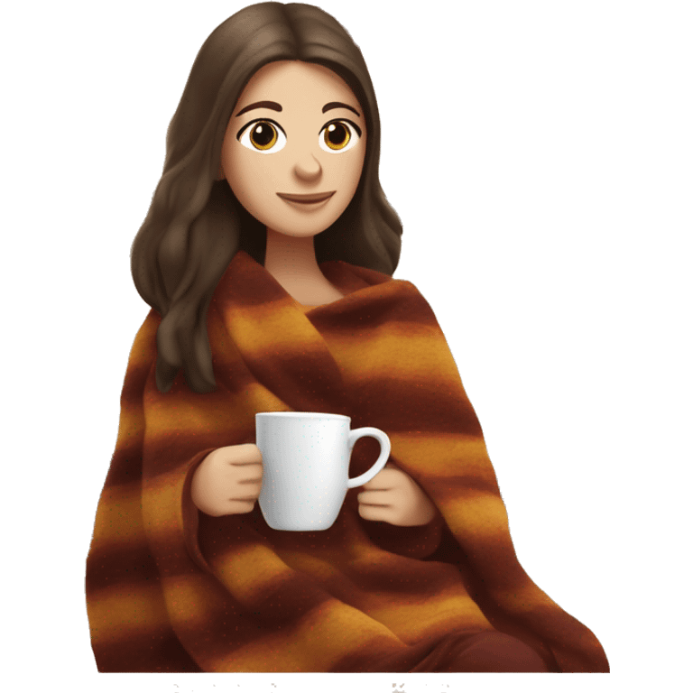 Brunette white girl covered in blanket autumn vibe sitting on a cozy chair holding coffee, window on the background emoji