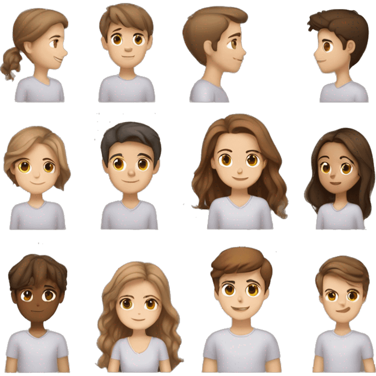 A young couple a girl with fair skin and brown long hair and brown eyes a boy with short brown hair light skin and brown eyes look at each other with a loving look emoji