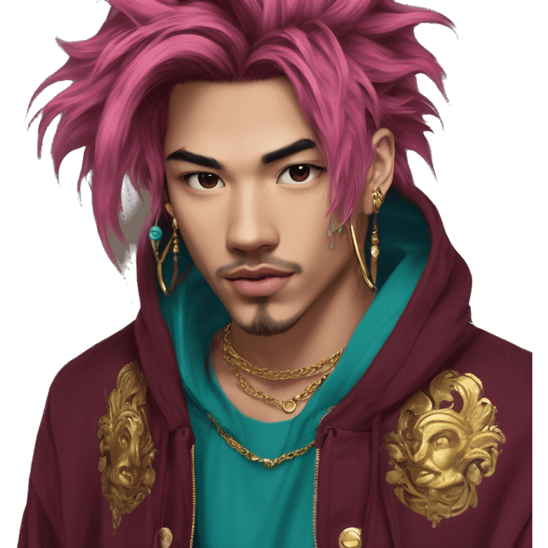 Vintage grunge patina intricate swirls gold jewellery baroque golden sparkle tropical Deep pink maroon burgundy cyan dark hoodie man dyed hair gold piercings nose piercing ear piercings emoji