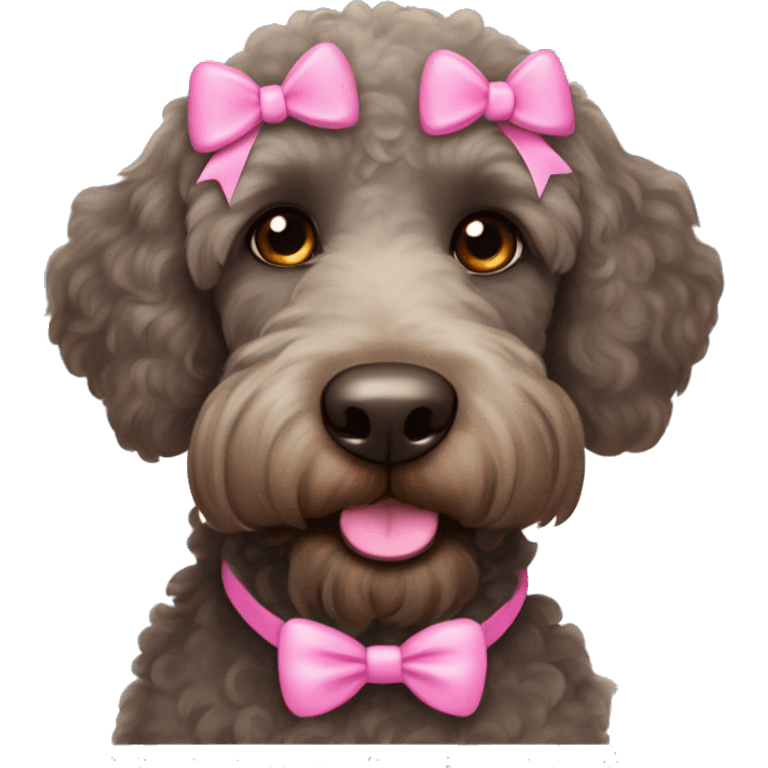 Black labradoodle female dog brown eyes with pink bows on her ears and pink collar with name tag on it bonnie emoji