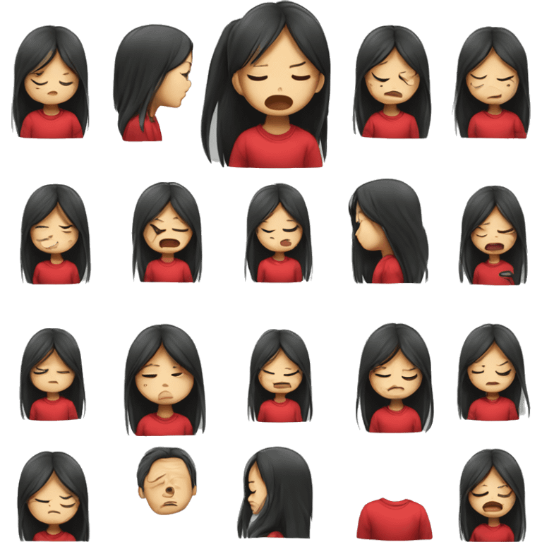 Crying girl wear red shirt with black Asian long hair  emoji