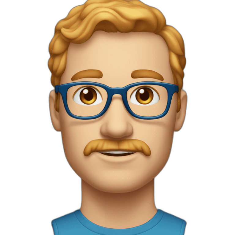 35 year old man with strawberry blond hair, clean shaved chin with moustasche, blue eyes and round tortoise-shell glasses emoji