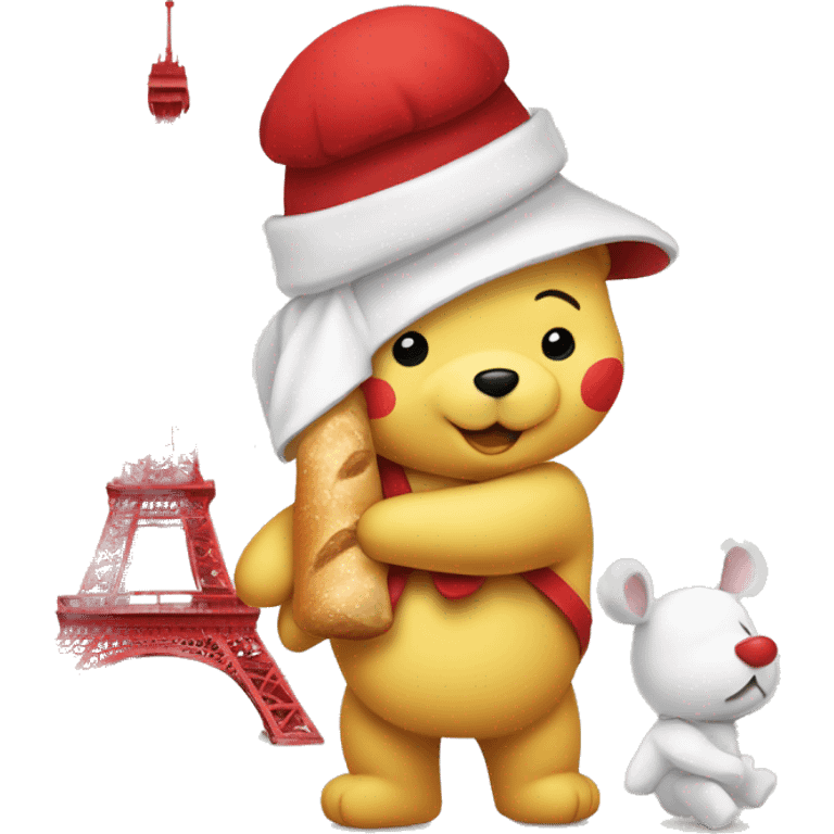 parisien style white pooh (female), with red beret on head like painter and baguette in arms, and with eiffel tower in background emoji