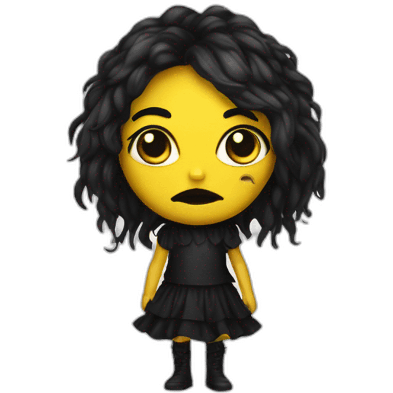 Create creature similar to human with red skin, black long hair, yellow eyes (black white of the eye), in black lather dress, black lips emoji