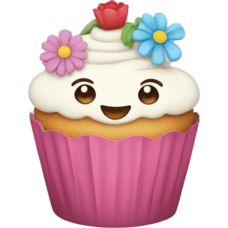 Happy cupcake with flowers on top  emoji