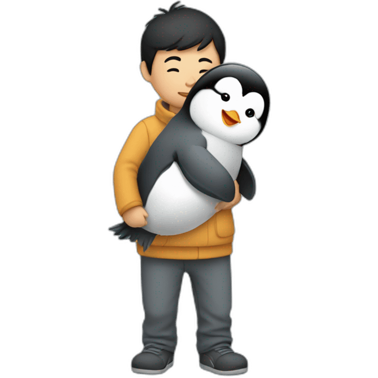 An Asian man carrying a baby penguin emoji