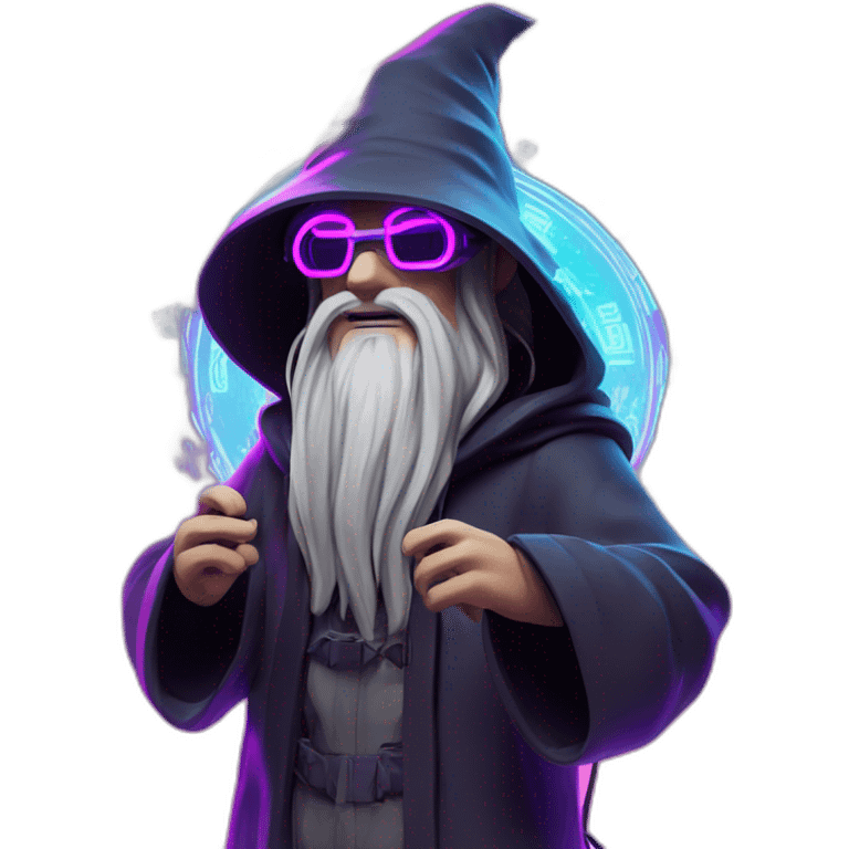 Gandalf wearing a black hoodie with "OMG" letters on it and VR headset in a cyberpunk VR environment with violet neon lighting. emoji