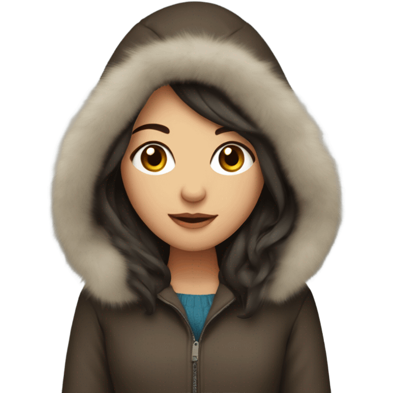 Cold brunette girl in winter coat with fur hood emoji