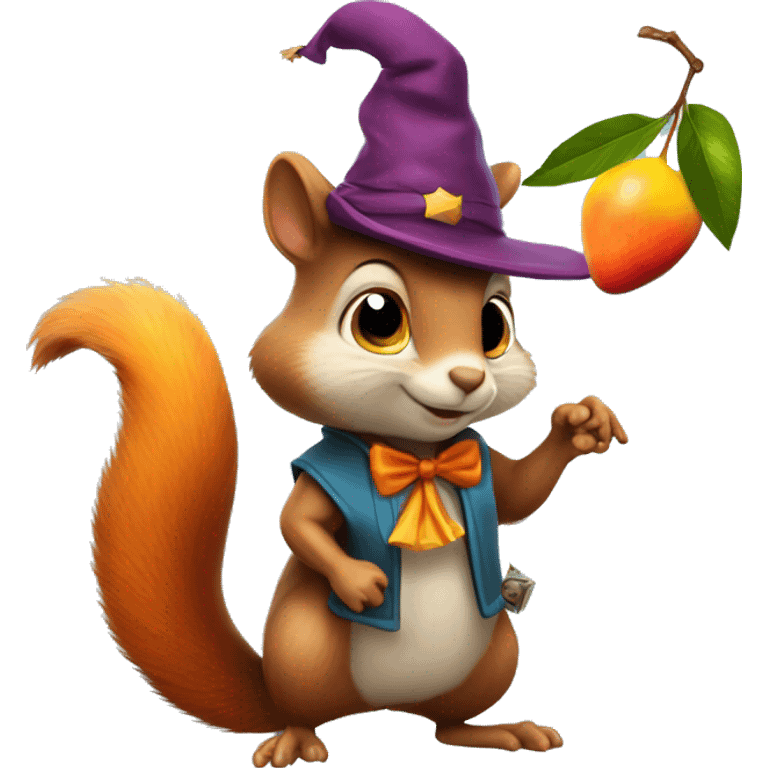 squirrel with a wizard hat an a mango in his hands emoji