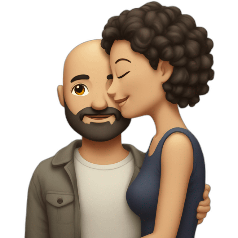 Intimate bald man beard hugging short dark hair woman looking into eyes emoji