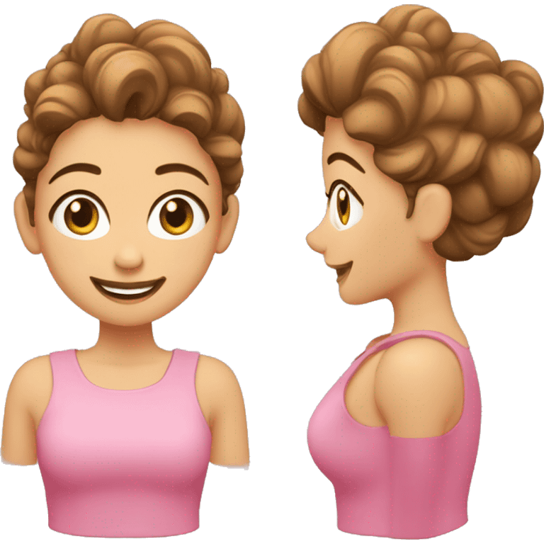 mujer con pelo castaño ondulado, ojos marrones, ambo rosa, sonriendo, brazos cruzados emoji