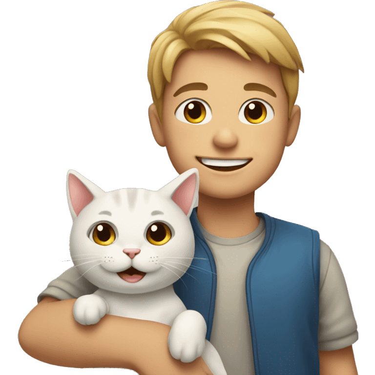 smiling boy with cat indoors emoji