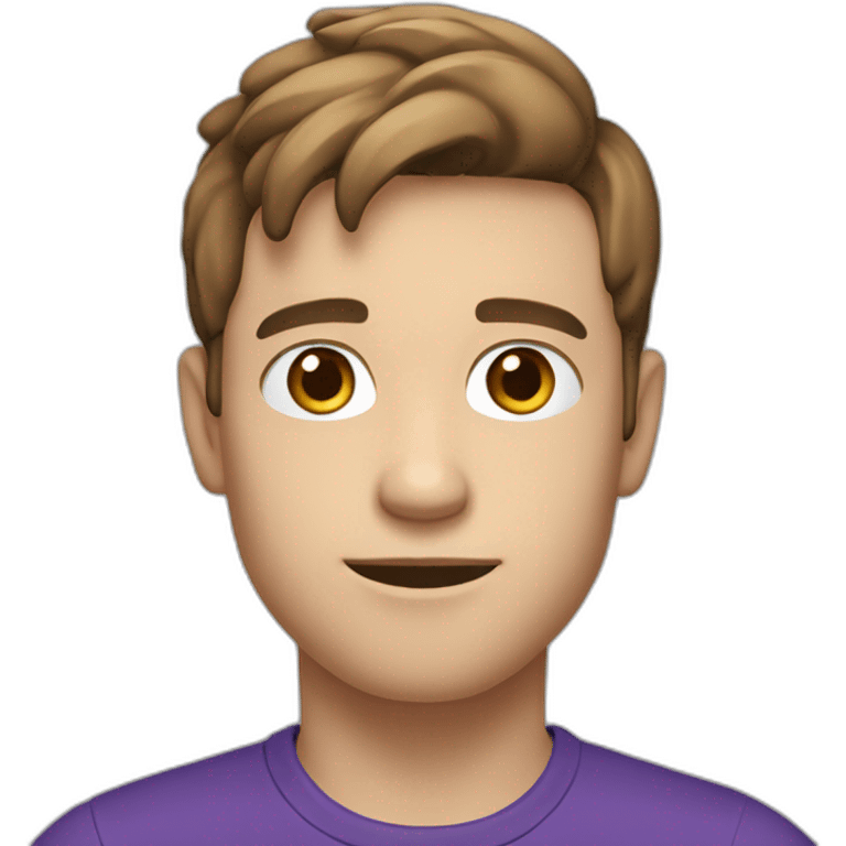 young french man, hand up, brown short hair, purple t-shirt, white skin, head large emoji