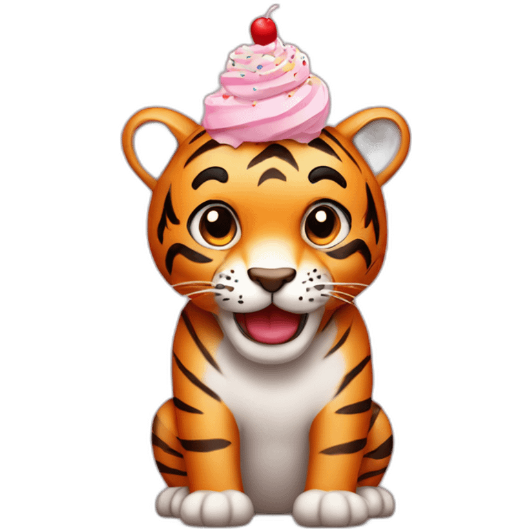 a cute tiger with a cupcake on its head. the cupcake should have a candle and sprinkles on it. emoji