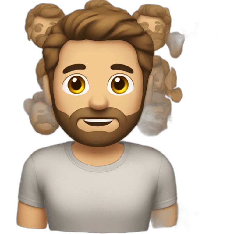 man with brown short hair and short beard wearing a t-shirt with the word escutai emoji