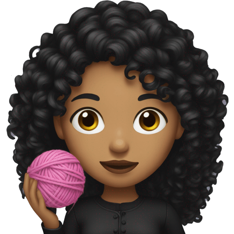 woman with long black curly hair holding one ball of yarn wearing black clothes emoji