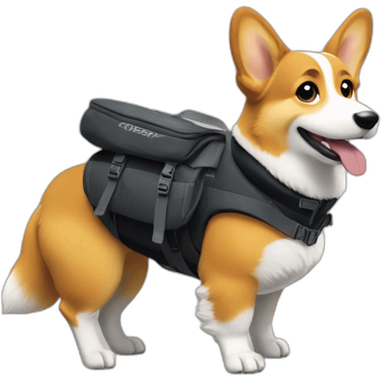 Corgi wearing an arcteryx black jacket with an opsrey backpack and blundstonez emoji