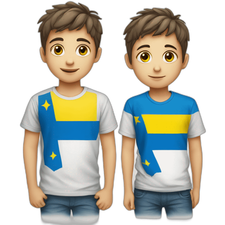 A boy with the flag of Ukraine on his T-shirt stands with the flag of Israel emoji